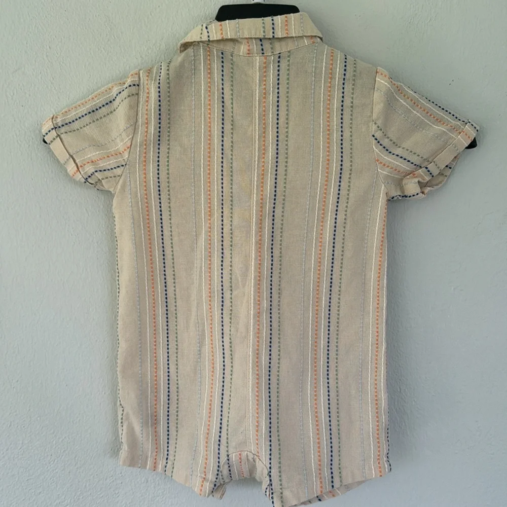 Old Navy peach embroidered texture striped Dobby pocket baby romper size 12-18M